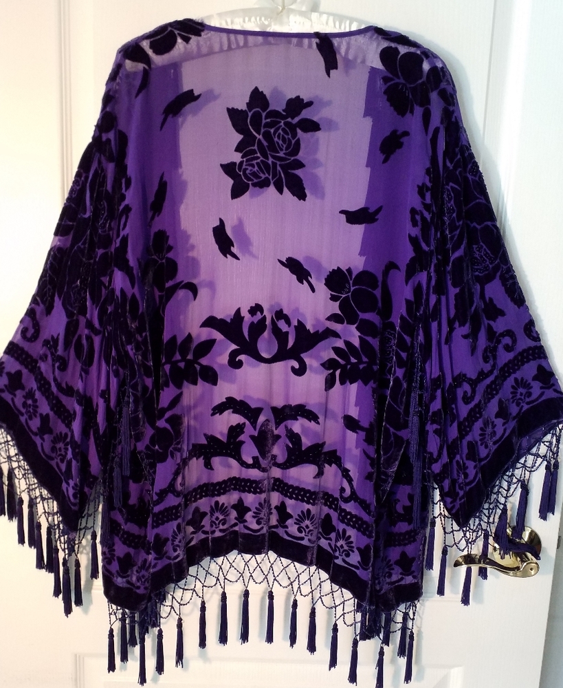 NEW PURPLE SILK VELVET BURNOUT FRINGED &BEADED LG